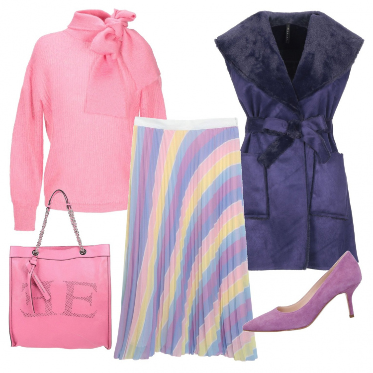 Outfit donna - Plisse\' rainbow trend. Stile Chic per Tutti i giorni. Abbinamento con cappotti, pullovers, décolleté, gonne longuette, borse a mano.