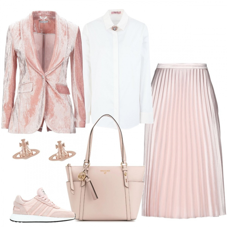 Outfit donna - Perfetta in sneakers e gonna plissetta. Stile Trendy per Serata fuori. Abbinamento con gonne longuette, blazer, sneakers, camicie, borse tote, orecchini.