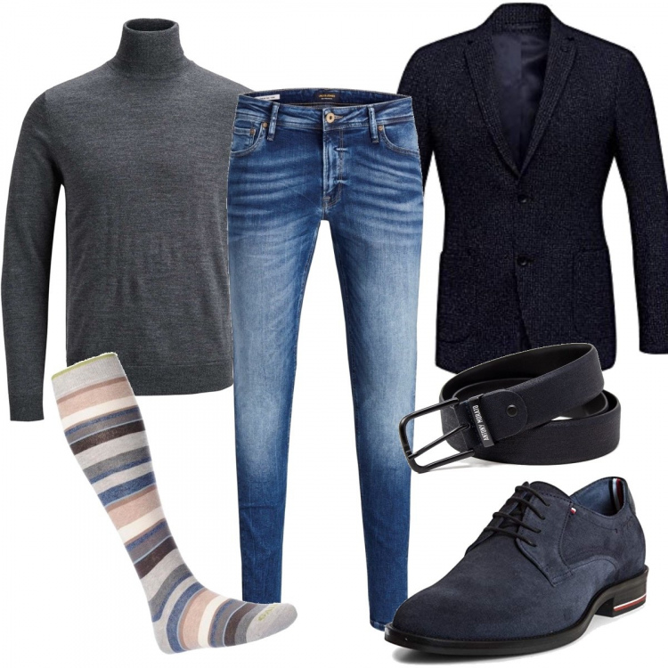 Outfit uomo - Calzini rigati. Stile Casual per Tutti i giorni. Abbinamento con maglioni, jeans, calzini, cinture, giacche, scarpe stringate.