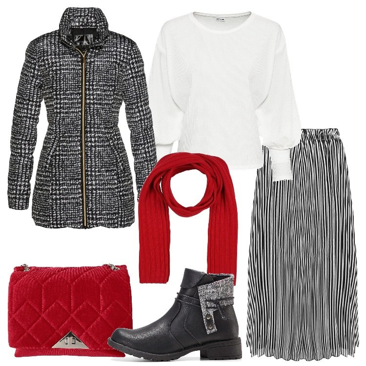 Outfit donna - Trend gonna plissé. Stile Trendy per Tutti i giorni. Abbinamento con giacche, pullovers, stivaletti, borse a tracolla, sciarpe, minigonne.