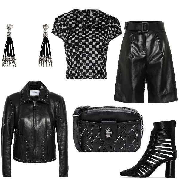 Outfit donna - I bermuda autunnali. Stile Rock per Serata fuori. Abbinamento con cappotti, borse a tracolla, orecchini, stivaletti, t-shirt, bermuda.