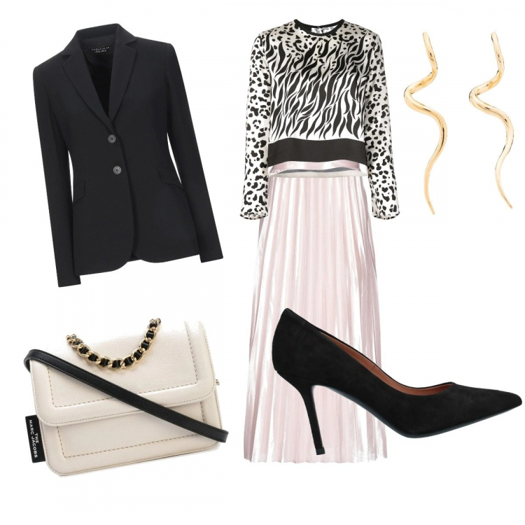 Outfit mujer - Plisada Chic. Estilo Trendy para Noche/Fiesta elegante. Combinación con falda longuette, blusas, salones, blazers, pendientes, bolso shopper.