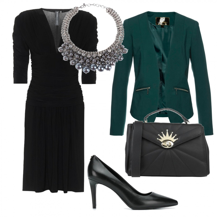 Outfit donna - Collana in bella vista. Stile Chic per Ufficio. Abbinamento con blazer, borse a mano, collane, décolleté, vestiti midi/longuette.