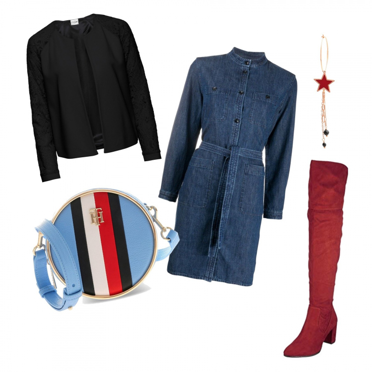 Outfit donna - Urban #25988. Stile Urban per Tutti i giorni. Abbinamento con blazer, orecchini, camicie, stivali sopra il ginocchio, borse a spalla.