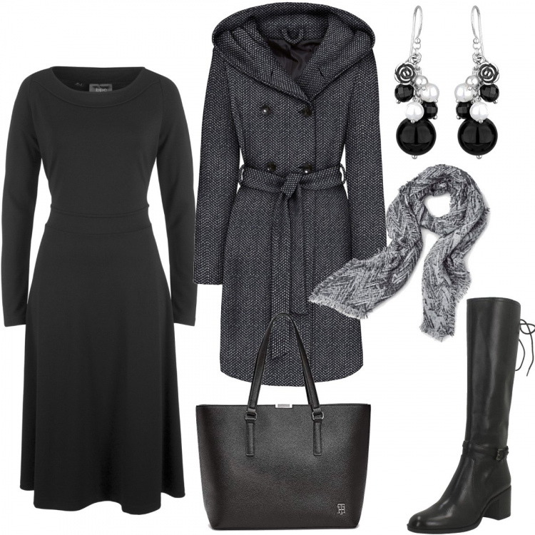 Outfit donna - Chic curvy , daily. Stile Chic per Tutti i giorni. Abbinamento con stivaletti, cappotti, stivali, borse tote, orecchini, sciarpe.