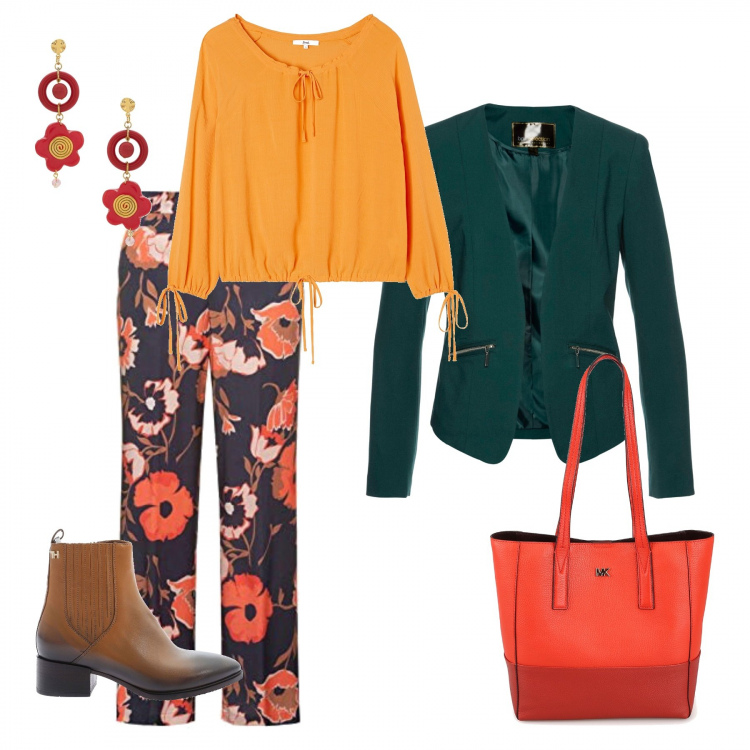 Outfit donna - Rosso 2. Stile Basic per Tutti i giorni. Abbinamento con blazer, orecchini, camicie, shopping bag, pantaloni a palazzo, stivaletti.