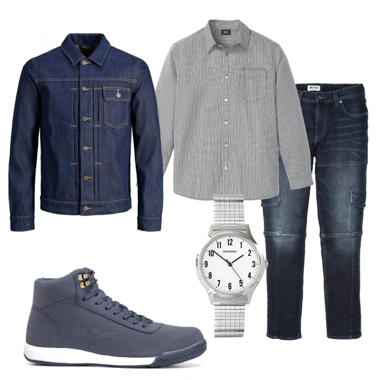 Outfit uomo - Casual #21026. Stile Casual per Tutti i giorni. Abbinamento con jeans slim fit, sneakers alte, camicie, giacche, orologi.