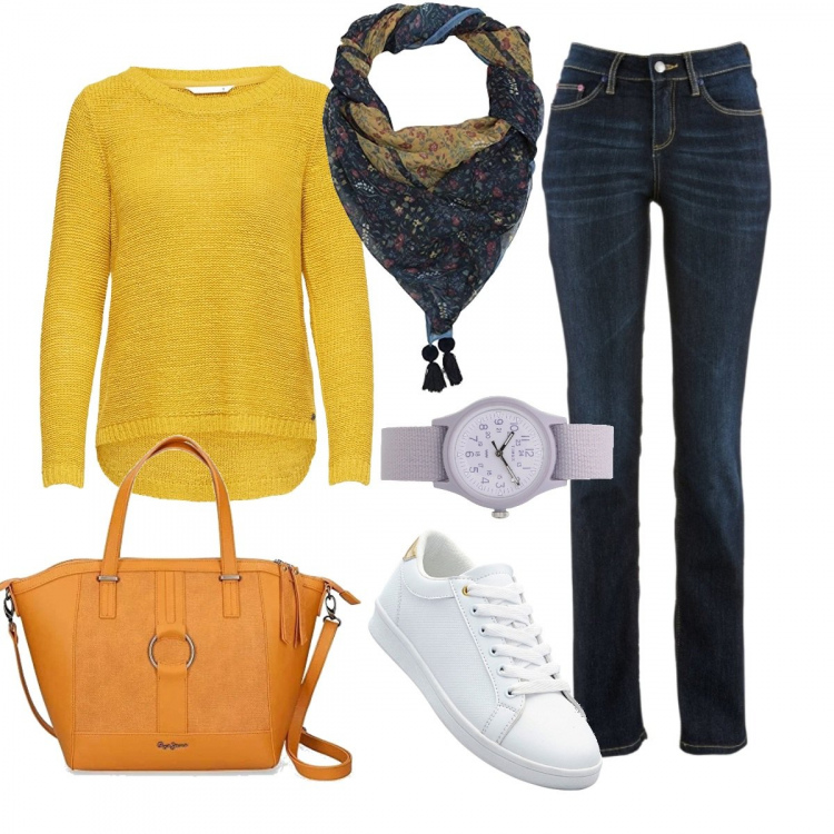 Outfit donna - Yellow/Jeans. Stile Basic per Scuola/Università. look ideale per Petite. Abbinamento con jeans dritti, sneakers, orologi, maglioni, sciarpe, shopping bag.