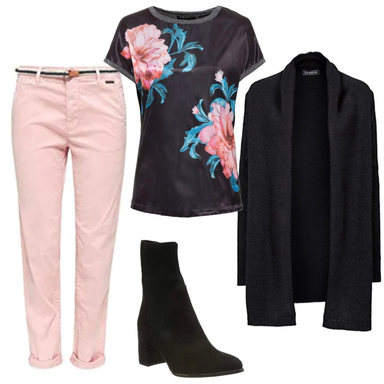 Outfit donna - Curvy in pink. Stile Trendy per Tutti i giorni. Abbinamento con cardigans, bluse, pantaloni, stivaletti.