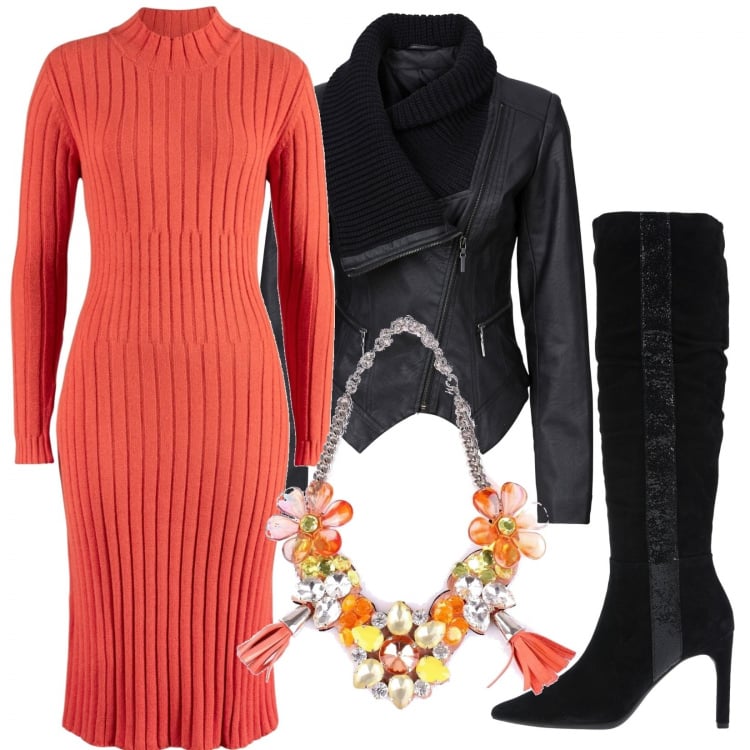 Outfit donna - Urban #26046. Stile Urban per Tutti i giorni. Abbinamento con blazer, vestiti midi/longuette, stivali, collane.