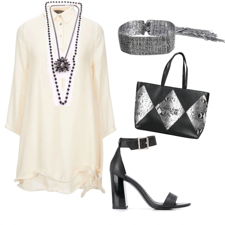 Outfit mujer - Elegante. Estilo Bon Ton para Noche/Fiesta elegante. Combinación con collares, vestidos cortos, collares, sandalias de tacón, bolsos de mano.