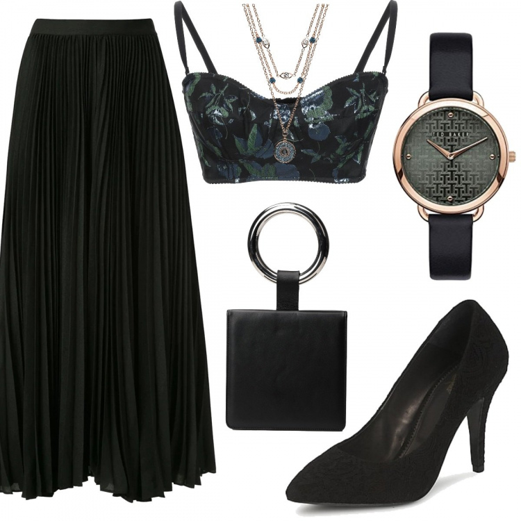 Outfit mujer - Sexy #8979. Estilo Sexy para Noche/Fiesta elegante. Combinación con collares, reloj, zapatos de tacón, falda longuette, top, bolsos de mano.