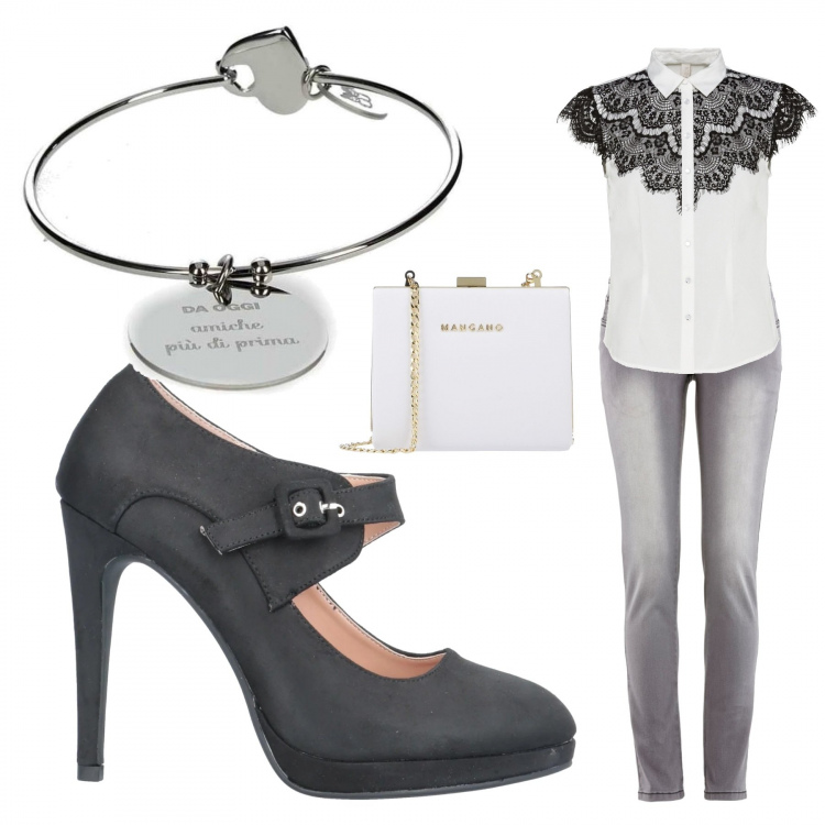 Outfit donna - Grey. Stile Trendy per Serata fuori. Abbinamento con jeans slim fit, camicie, décolleté, borse a mano, braccialetti.