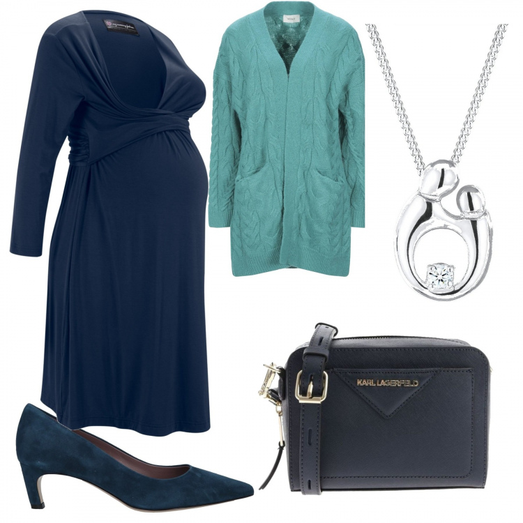 Outfit donna - Una mamma e il suo bambino. Stile Bon Ton per Serata fuori. look ideale per Premaman. Abbinamento con vestiti, cardigans, décolleté, collane, borse a spalla.