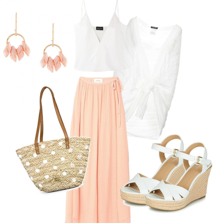 Outfit mujer - Coral. Estilo Chic para Mar. Combinación con bolso shopper, zapatos de cuña, faldas largas, bolero, pendientes, blusas.