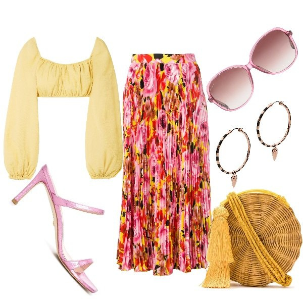 Outfit mujer - Plisada. Estilo Chic para Todos los días. Combinación con top, pendientes, falda longuette, sandalias de tacón, bolsos de hombro, gafas de sol.