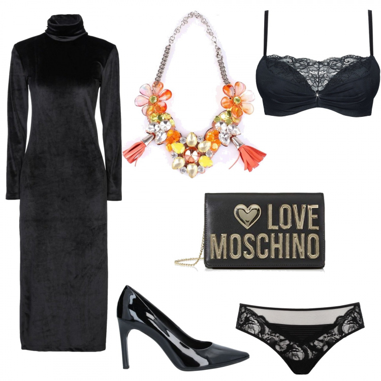 Outfit donna - Vestito nero e fiori xl sulla collana. Stile Trendy per Serata fuori. Abbinamento con reggiseni push-up, vestiti midi/longuette, slip, décolleté, collane, clutch.