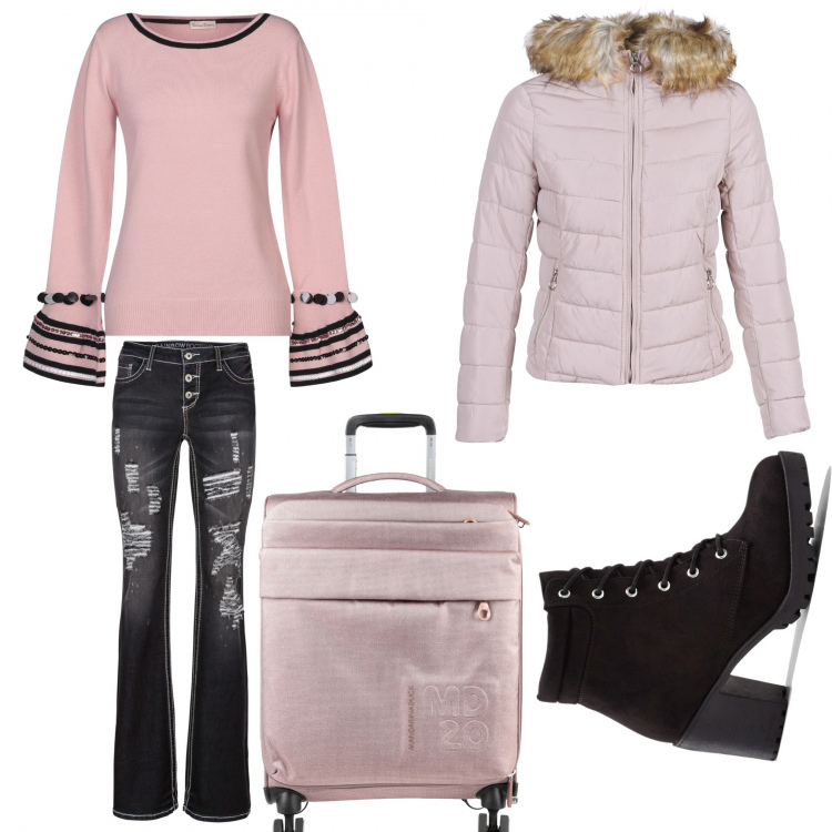 Outfit donna - Weekend invernale. Stile Trendy per Tutti i giorni. Abbinamento con stivaletti, jeans bootcut, pullovers, valigie, piumini.