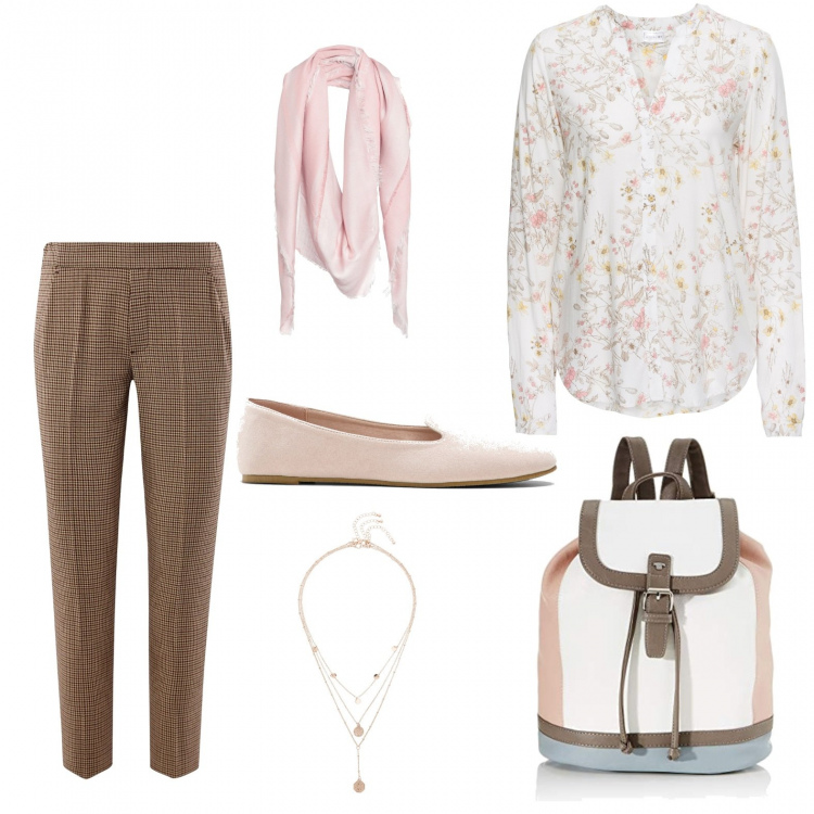Outfit donna - Semplicità. Stile Bon Ton per Tutti i giorni. Abbinamento con camicie, ballerine, ciondoli, foulard, pantaloni, zaini.