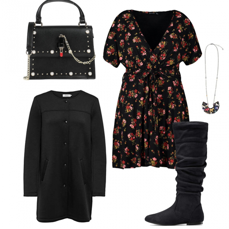 Outfit donna - Rose rosse. Stile Trendy per Tutti i giorni. look ideale per Premaman. Abbinamento con stivali, borse a mano, vestiti, collane, parka.