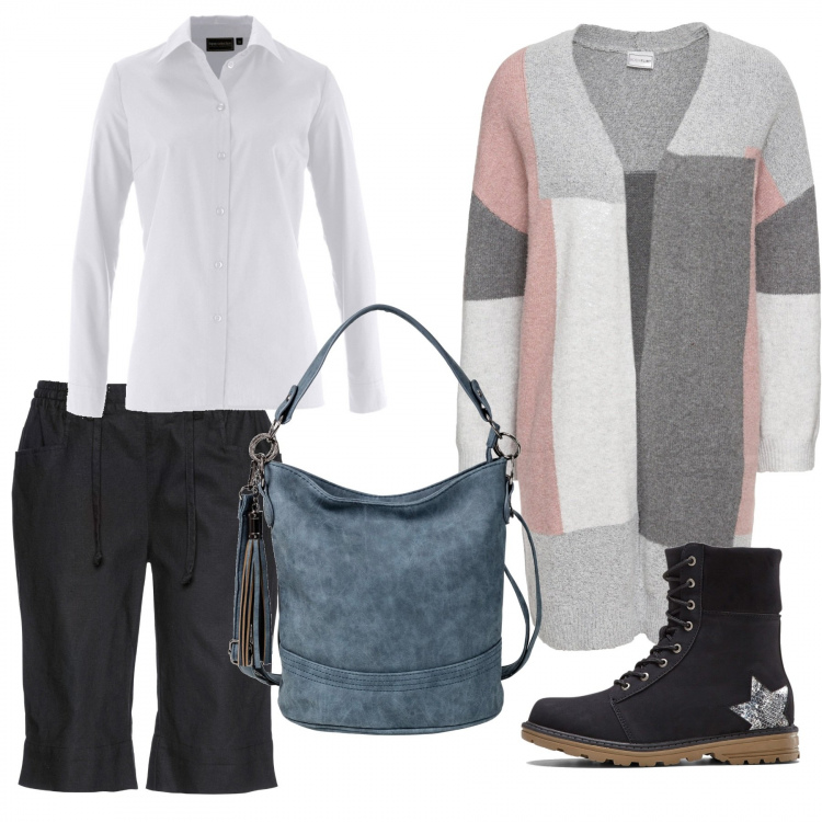 Outfit donna - Basic #39366. Stile Basic per Tutti i giorni. Abbinamento con camicie, cardigans, bermuda, stivaletti, borse a tracolla.