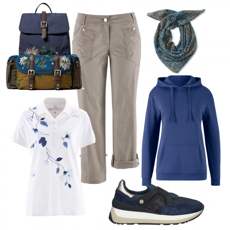 Outfit donna - Giro del lago di Varese. Stile Basic per Tutti i giorni. Abbinamento con felpe con cappuccio, polo, pantaloni capri, sneakers, zaini, sciarpe.