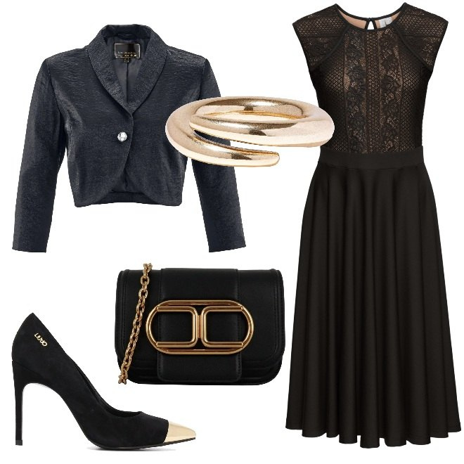 Outfit donna - Nero e oro cerimonia curvy. Stile Chic per Cerimonia. Abbinamento con vestiti, bolero, braccialetti, décolleté, clutch.