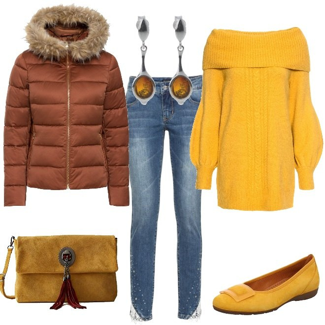 Outfit donna - Turista curvy. Stile Basic per Tutti i giorni. Abbinamento con giacche, maglioni, jeans, ballerine, orecchini, borse a spalla.