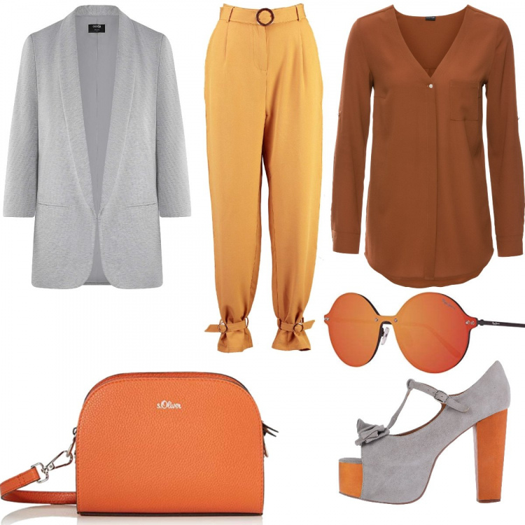 Outfit donna - Si può essere alti. Stile Trendy per Tutti i giorni. look ideale per Petite. Abbinamento con camicie, décolleté, pantaloni, blazer, borse a tracolla, occhiali da sole.