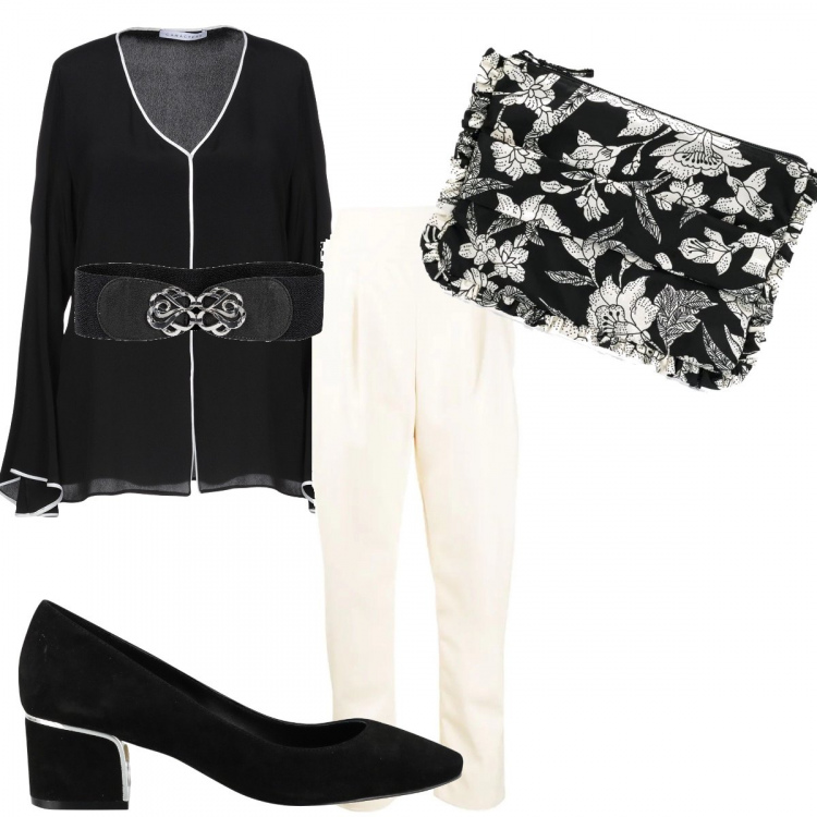 Outfit donna - Trendy #70945. Stile Trendy per Ufficio. Abbinamento con cinture, bluse, pochette, pantaloni, décolleté.