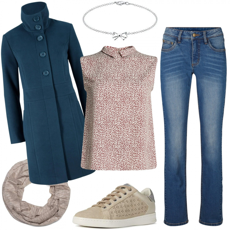 Outfit donna - Blu e beige. Stile Basic per Tutti i giorni. Abbinamento con jeans dritti, cappotti, camicie, braccialetti, sneakers, foulard.