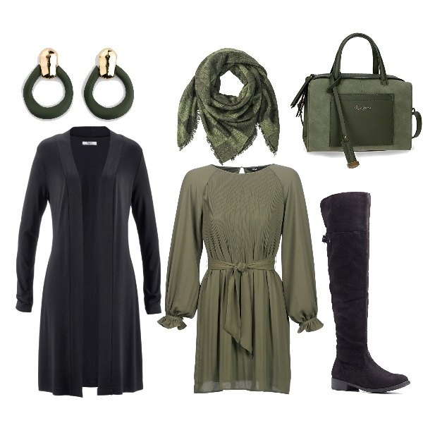 Outfit donna - Verde bosco. Stile Urban per Tutti i giorni. Abbinamento con cardigans, stivali sopra il ginocchio, orecchini, foulard, vestiti corti, borse a mano.