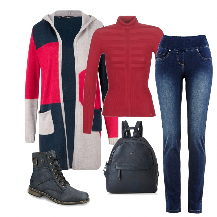 Outfit donna - Urban #26170. Stile Urban per Scuola/Università. Abbinamento con jeans slim fit, cardigans, maglioni, stivaletti, zaini.