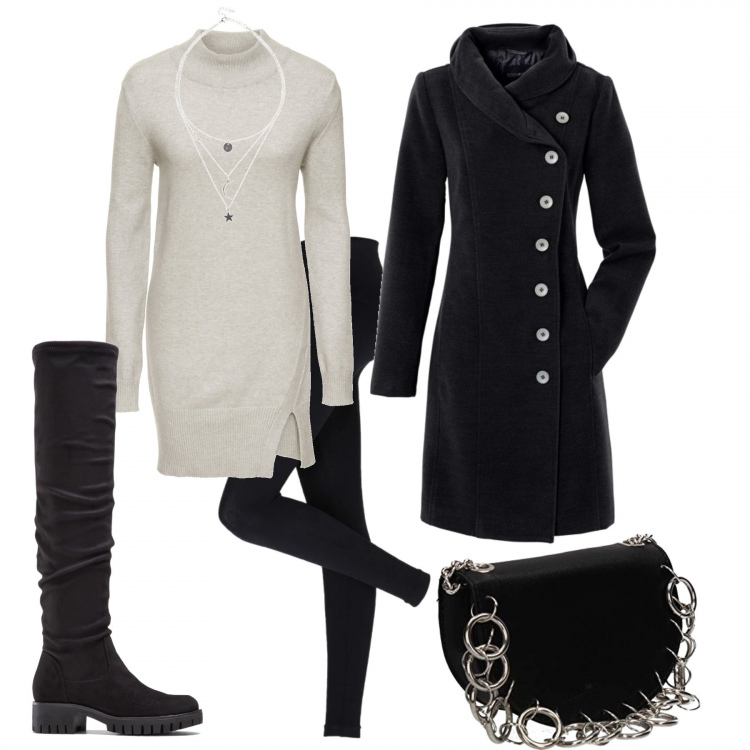 Outfit donna - Autunno tall. Stile Trendy per Ufficio. look ideale per Tall. Abbinamento con leggings, cappotti, maglioni, stivali, collane, borse a tracolla.