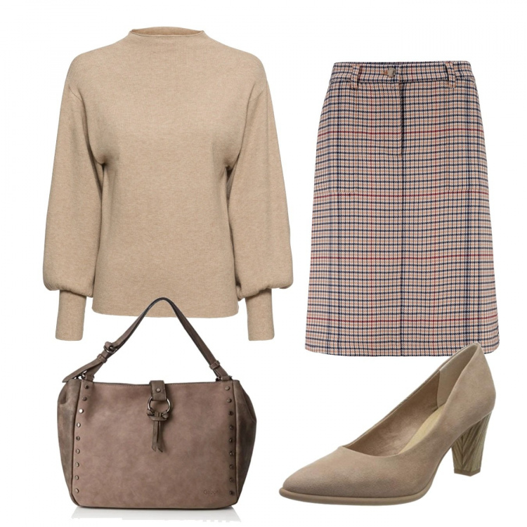 Outfit donna - Bon Ton #29566. Stile Bon Ton per Ufficio. Abbinamento con maglieria, gonne, scarpe col tacco, borse a spalla.