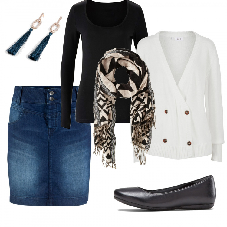 Outfit donna - Basic #39473. Stile Basic per Tutti i giorni. Abbinamento con t-shirt sportive, cardigans, gonne, scialli, ballerine, orecchini.