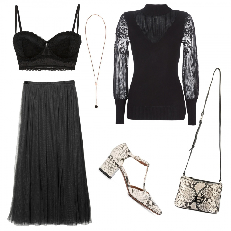 Outfit donna - Tres chic. Stile Chic per Serata fuori. Abbinamento con reggiseni a balconcino, gonne lunghe, maglieria, décolleté, ciondoli, borse a spalla.