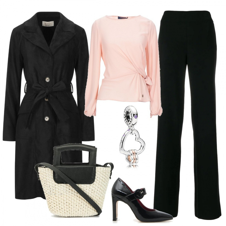 Outfit donna - Eleganza quotidiana. Stile Bon Ton per Tutti i giorni. Abbinamento con pantaloni, borse a tracolla, cappotti, bluse, décolleté, ciondoli.