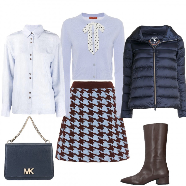 Outfit donna - Celeste bon ton. Stile Bon Ton per Ufficio. Abbinamento con borse a cartella, stivali, piumini, camicie, cardigans, minigonne.