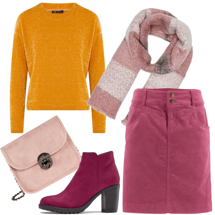 Outfit donna - La gonnellina in velluto. Stile Basic per Tutti i giorni. Abbinamento con gonne lunghe, stivaletti, borse a tracolla, maglioni, sciarpe.
