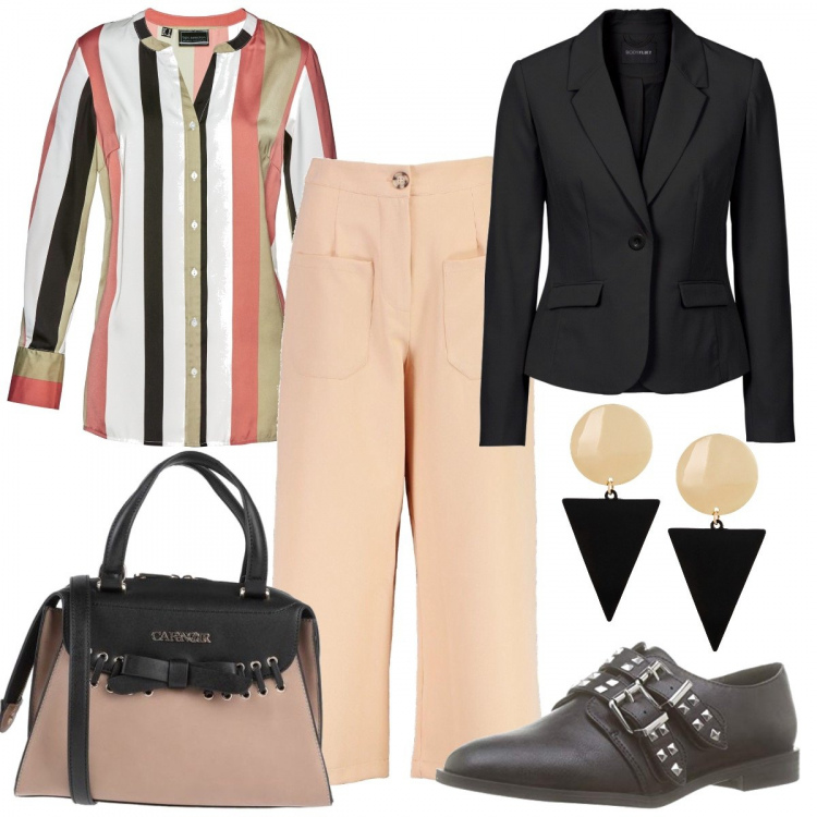 Outfit donna - Lo stile low-cost. Stile Chic per Tutti i giorni. Abbinamento con borse a mano, blazer, camicie, orecchini, pantaloni culotte, mocassini.