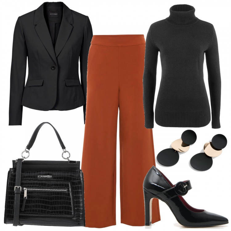 Outfit donna - Perfettamente low-cost. Stile Chic per Ufficio. Abbinamento con maglieria, blazer, pantaloni culotte, orecchini, borse a mano, décolleté.