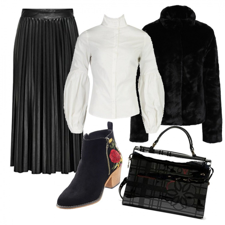 Outfit donna - La camicia bianca. Stile Trendy per Ufficio. Abbinamento con stivaletti, ecopellicce, camicie, gonne, borse a mano.