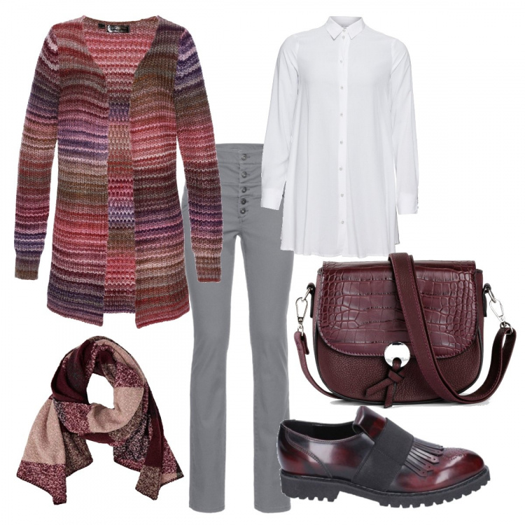 Outfit donna - Caldo bordeaux. Stile Urban per Tutti i giorni. look ideale per Premaman. Abbinamento con camicie, cardigans, pantaloni skinny, maglieria, mocassini, sciarpe.