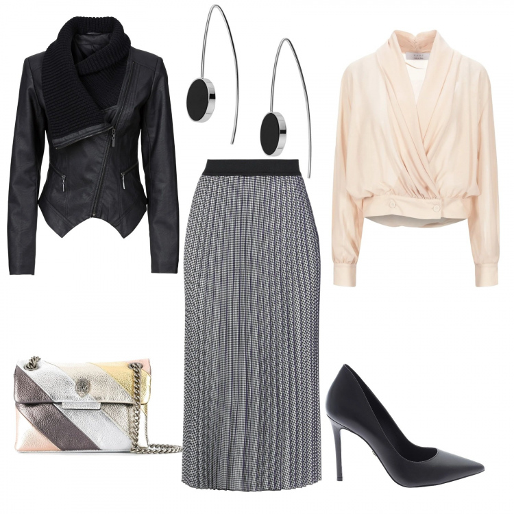 Outfit donna - Gonna a pieghe. Stile Trendy per Serata fuori. Abbinamento con blazer, camicie, gonne longuette, orecchini, borse a spalla, décolleté.