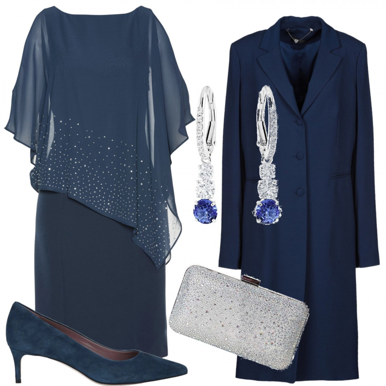 Outfit donna - Curvy autumn evening ceremony. Stile Chic per Cerimonia. Abbinamento con vestiti a tubino, cappotti, décolleté, pochette, orecchini.