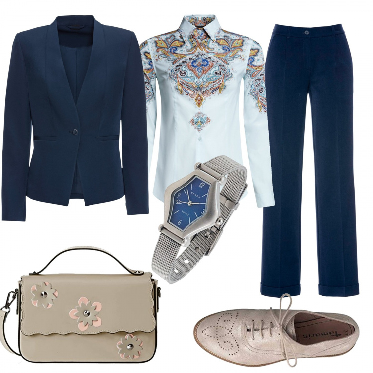 Outfit donna - Monday style senza tacchi. Stile Trendy per Ufficio. Abbinamento con pantaloni, blazer, camicie, scarpe stringate, borse a mano, orologi.