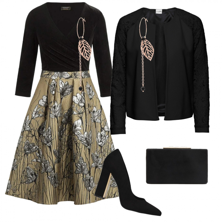 Outfit donna - Vestito con gonna a ruota. Stile Bon Ton per Cerimonia. Abbinamento con blazer, orecchini, borse a mano, décolleté, vestiti.
