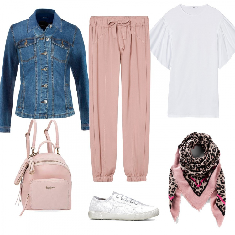 Outfit donna - Turista per caso. Stile Basic per Tutti i giorni. Abbinamento con blazer, foulard, sneakers, pantaloni, vestiti midi/longuette, zaini.