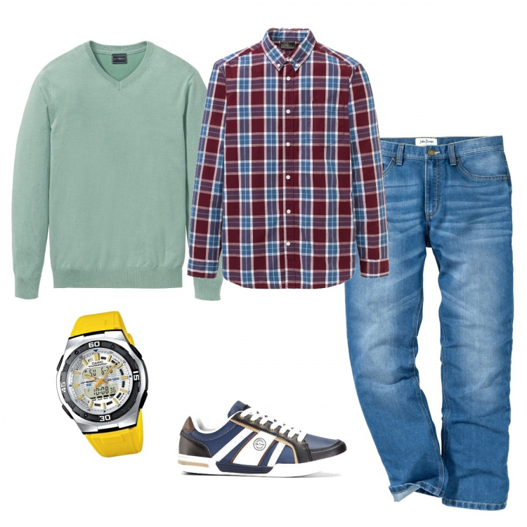 Outfit uomo - Carattere. Stile Casual per Tutti i giorni. Abbinamento con jeans dritti, camicie, sneakers, maglioni, orologi.